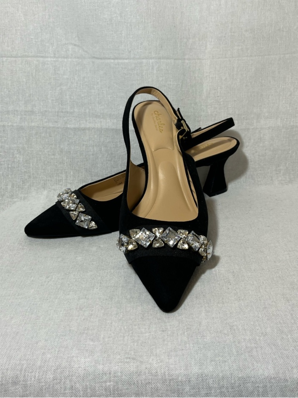 Black Slingback Heels Size 10M Wedding Formal Cushion Gala Glam Rhinestones
